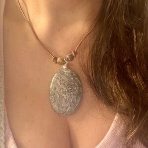 Serpent’s Grace: Handmade Snake Skin Jasper Necklace with Fire Agate & Leather